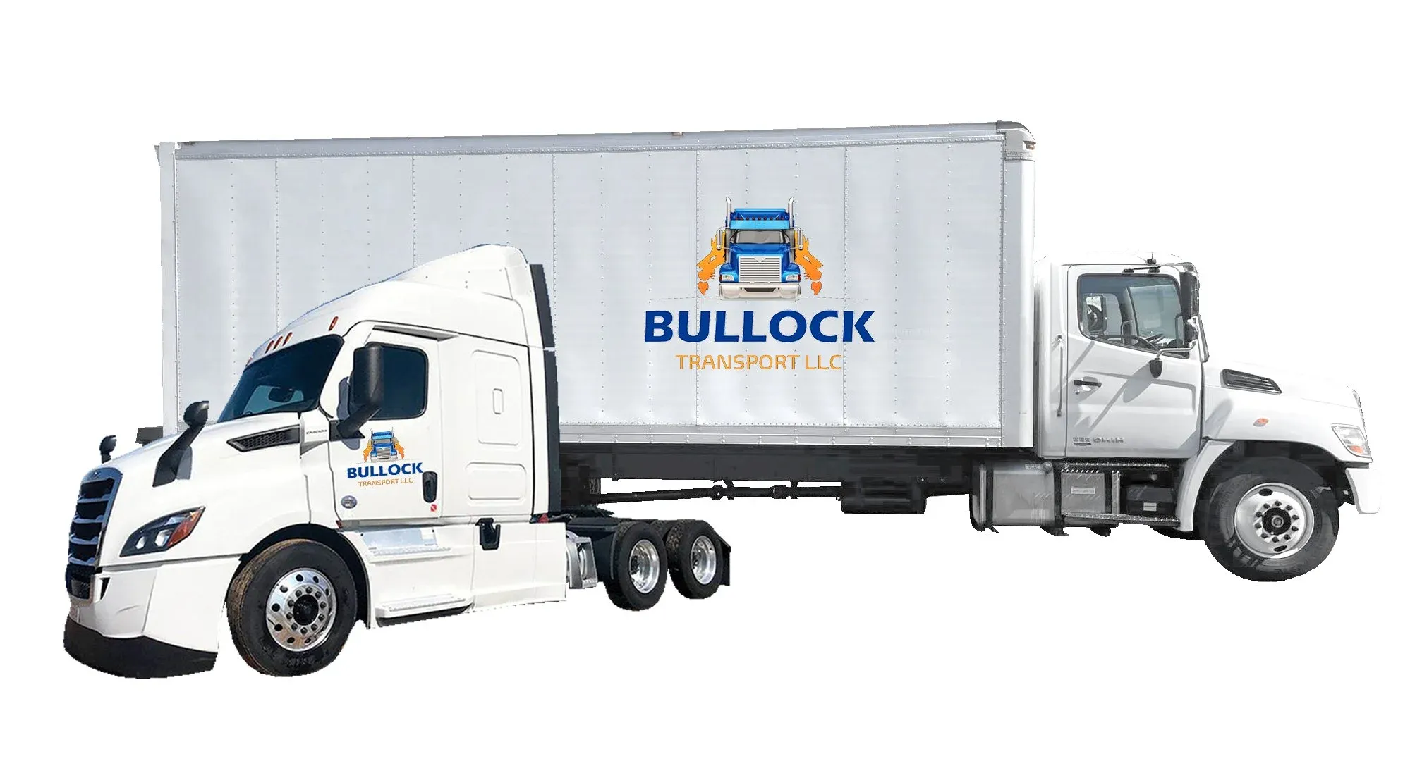 A Bullock Transport tractor and box truck in company livery: blue BULLOCK wordmark with TRANSPORT LLC in orange beneath.